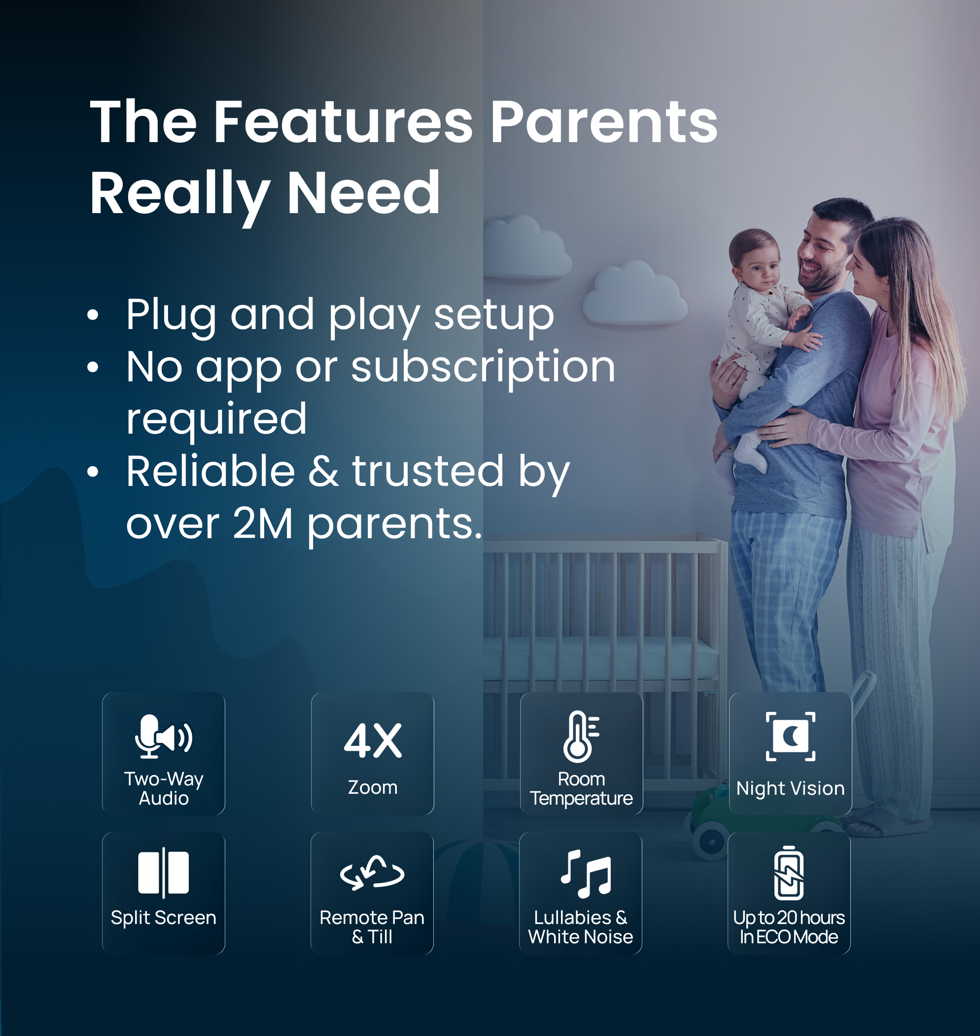 Babysense PRO: Video Baby Monitor with 1 Camera, Non Wifi, Split Screen, Night Light & Sound Machine