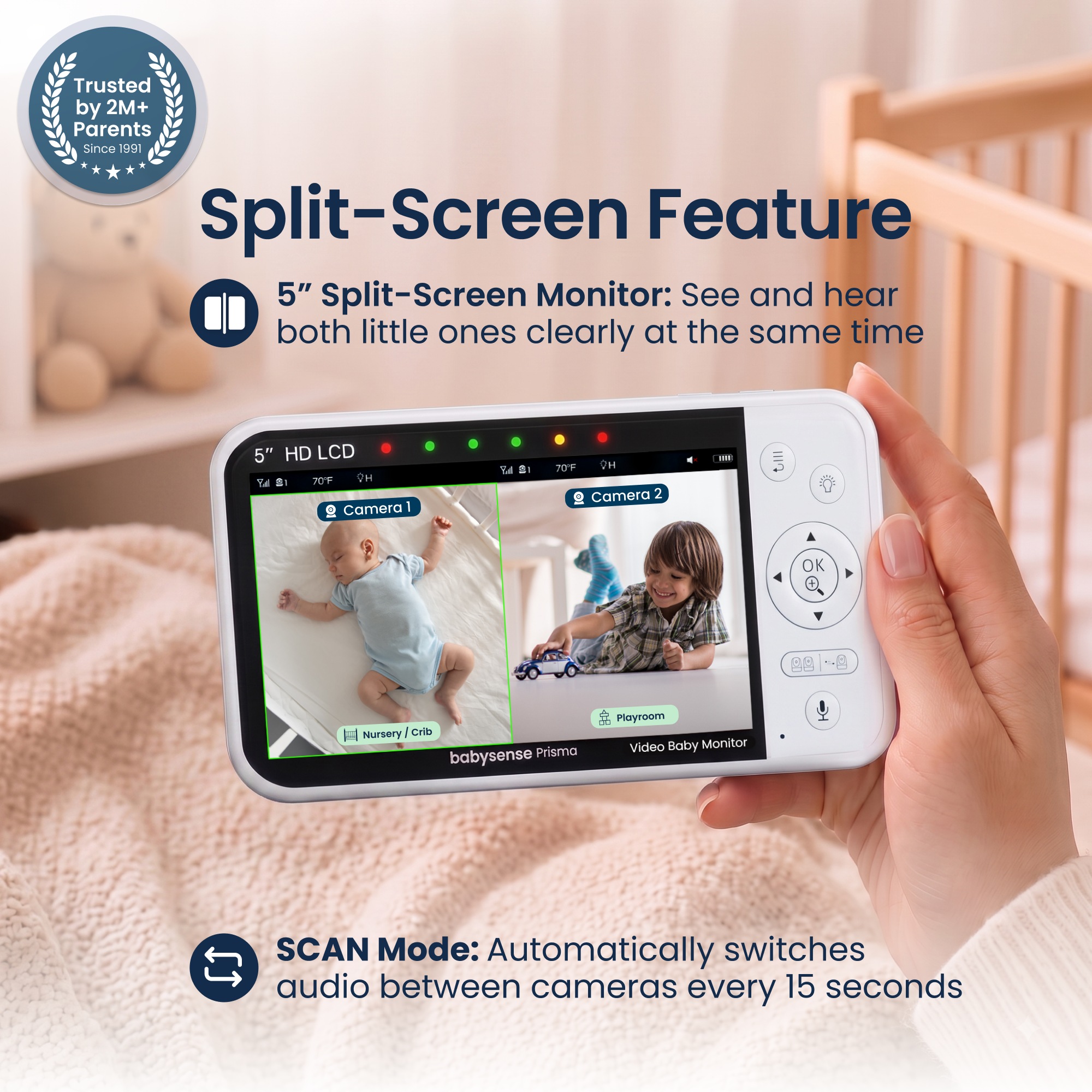 Babysense Prisma: Video Baby Monitor with 2 Cameras, Non Wifi, Split Screen, Night Light & Sound Machine