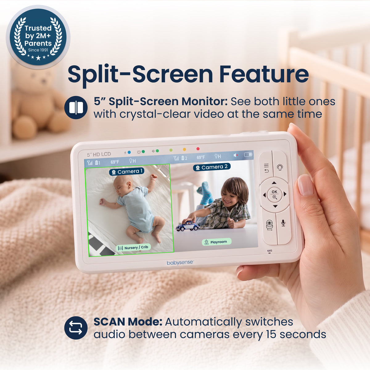 Babysense HDS2: Video Baby Monitor with 2 Cameras, Non wifi, Split Screen & Night Light Machine
