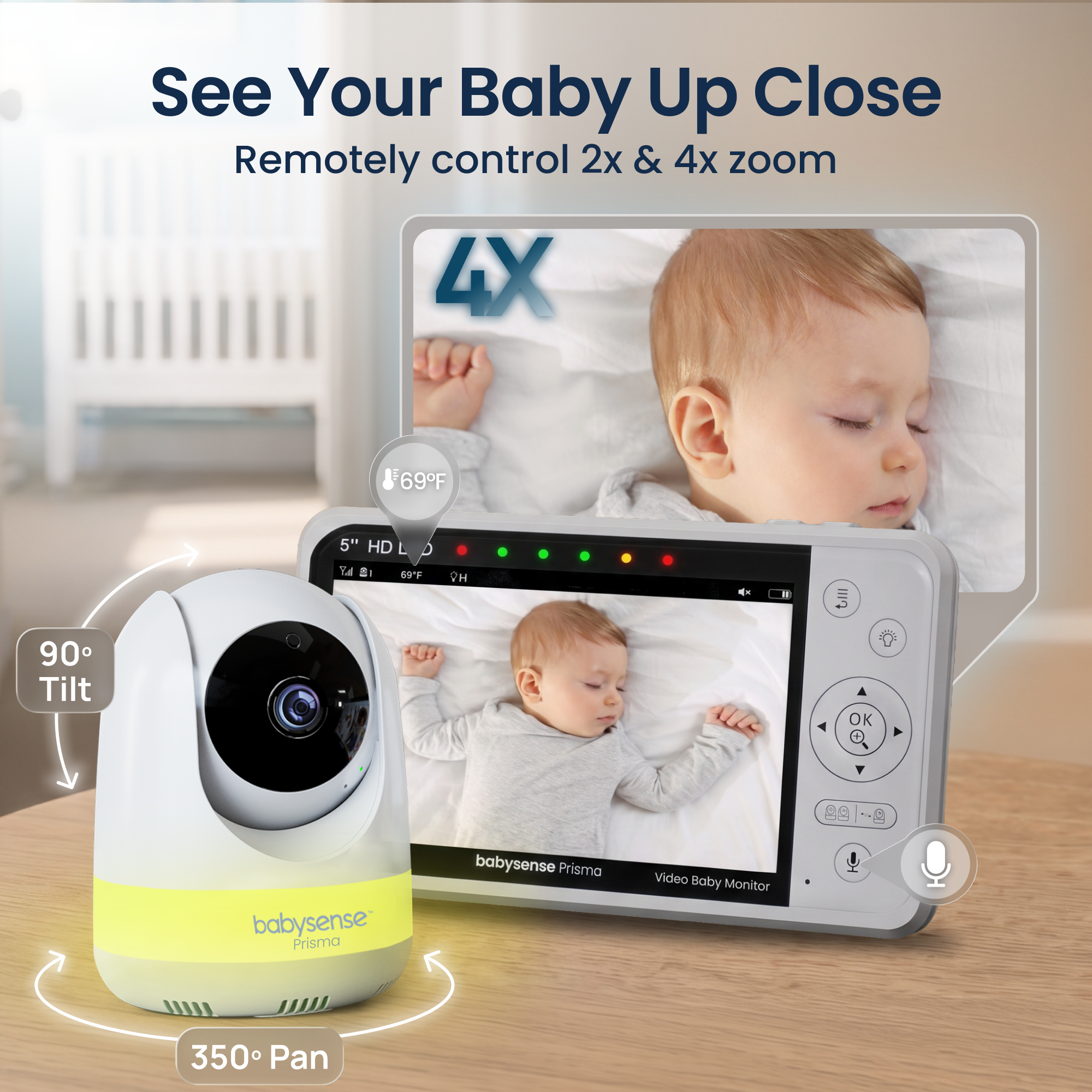 Babysense Prisma: Video Baby Monitor with 2 Cameras, Non Wifi, Split Screen, Night Light & Sound Machine