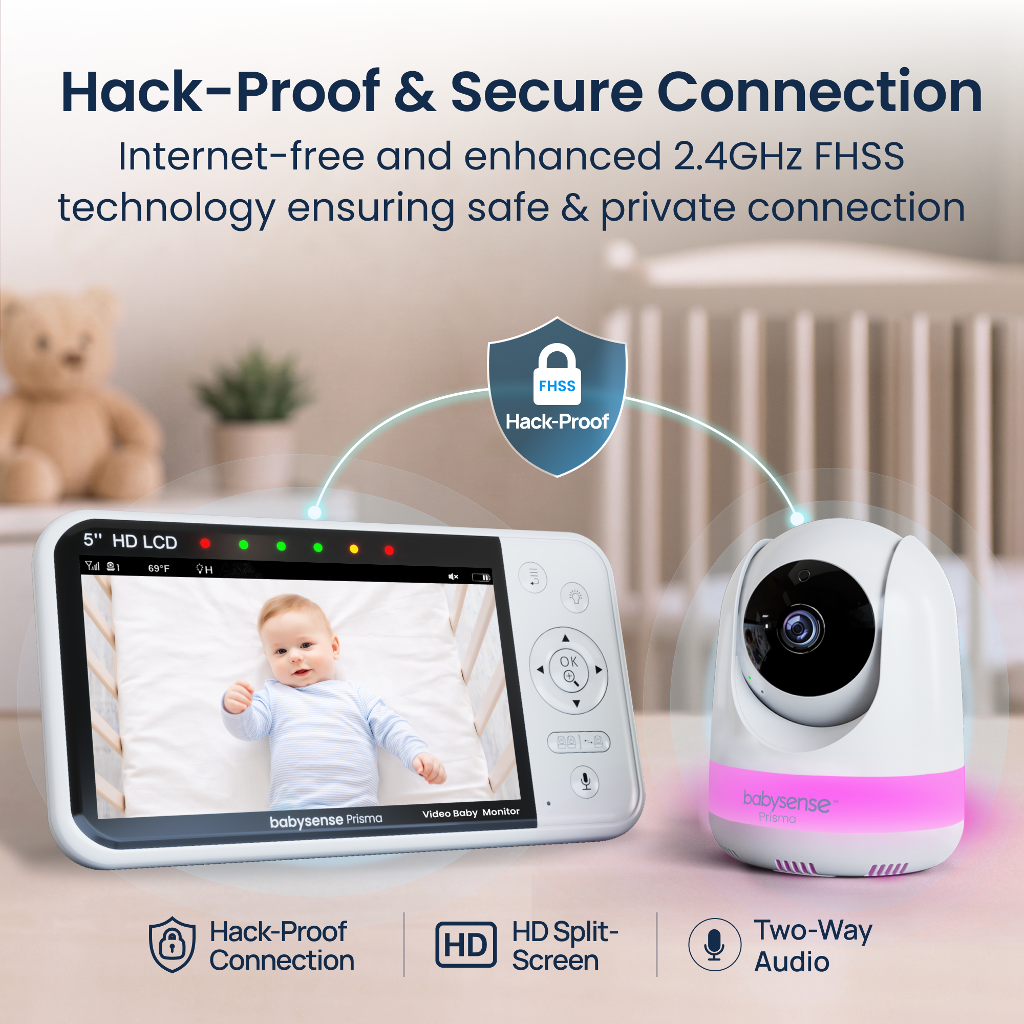 Babysense Prisma: Video Baby Monitor with 2 Cameras, Non Wifi, Split Screen, Night Light & Sound Machine