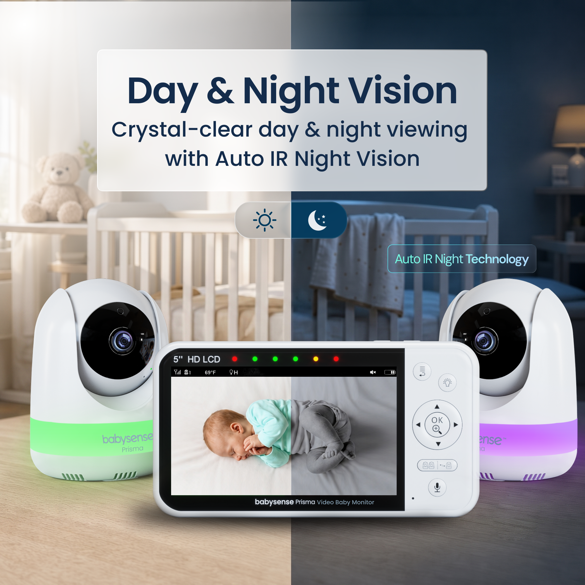 Babysense Prisma: Video Baby Monitor with 2 Cameras, Non Wifi, Split Screen, Night Light & Sound Machine