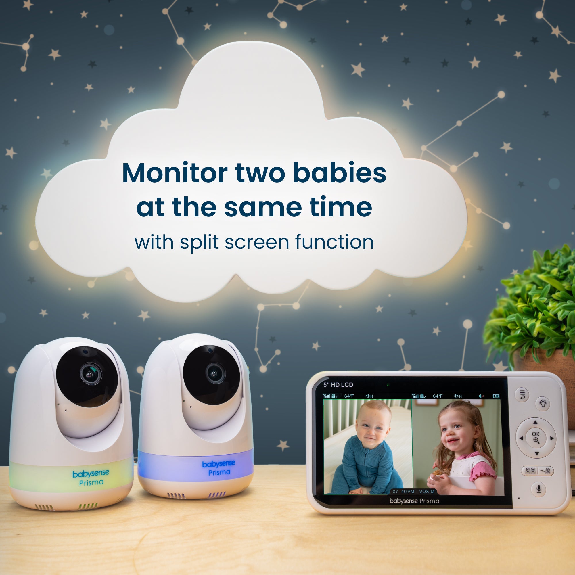 Babysense Prisma: Video Baby Monitor with 2 Cameras, Non Wifi, Split Screen, Night Light & Sound Machine