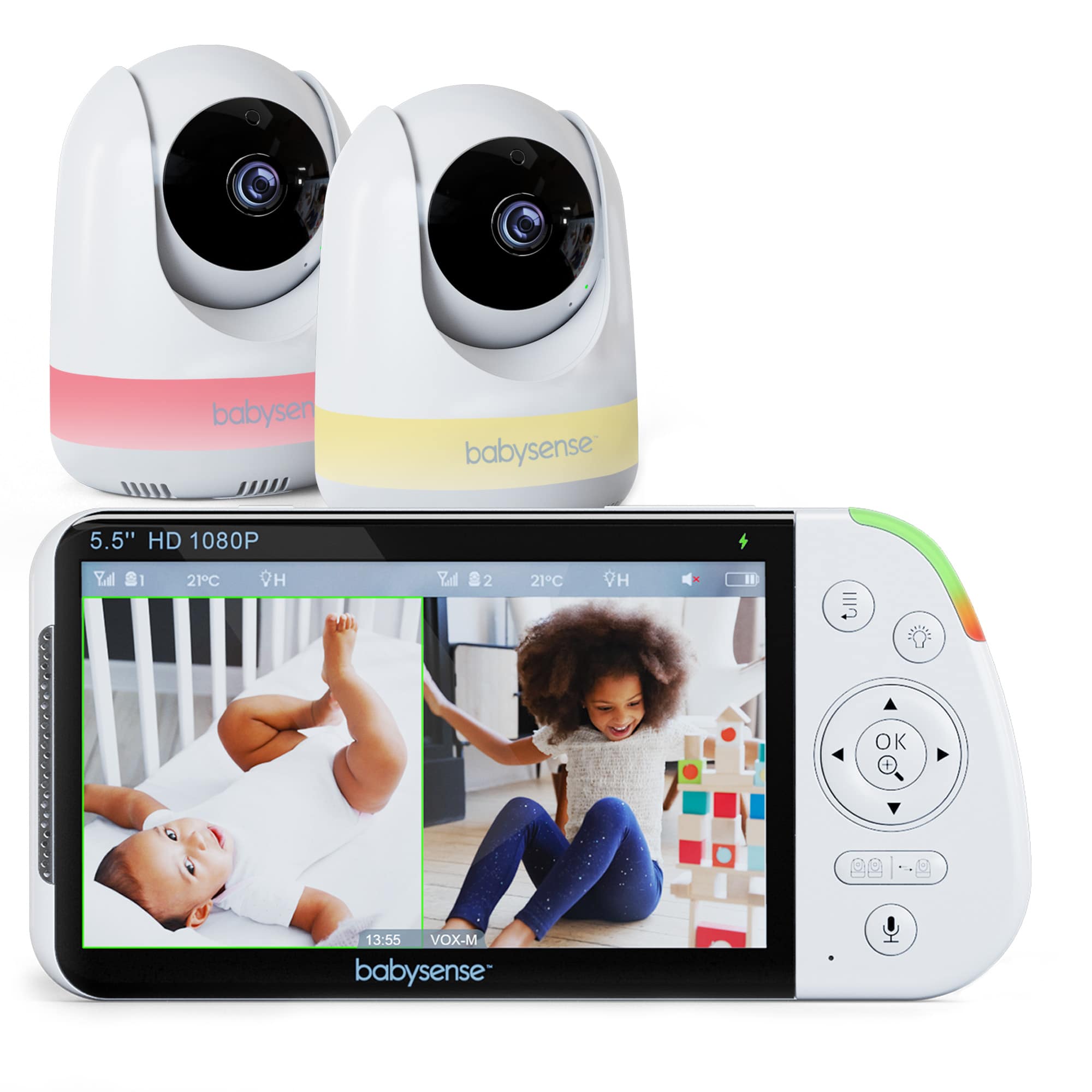 Babysense Max View: video baby monitor with 1 or 2 cameras, non wifi, split Screen, night light & sound machine