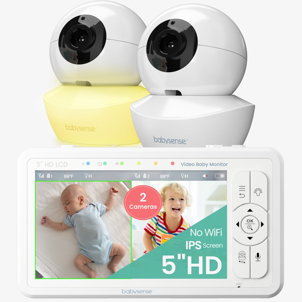 Babysense HDS2: Video Baby Monitor with 2 Cameras, Non wifi, Split Screen & Night Light Machine
