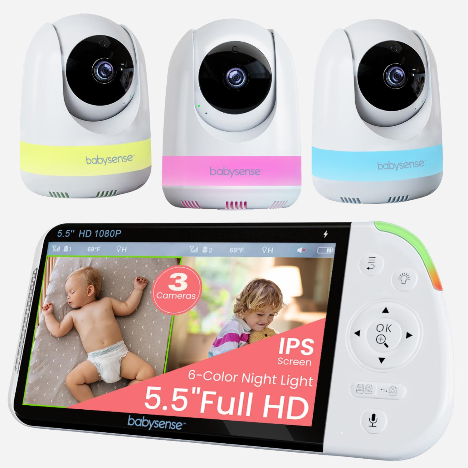 Babysense Max View Pro: Video Baby Monitor with 3 Cameras, Non Wifi, Split Screen, Night Light & Sound Machine