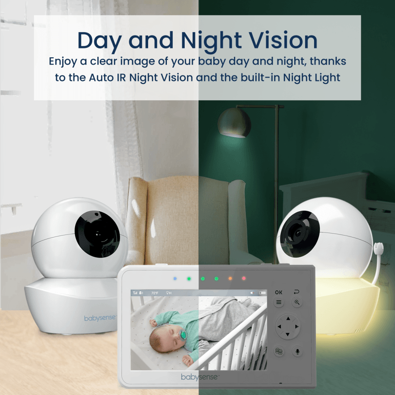 Babysense V43: Video Baby Monitor with 2 Cameras, Non Wifi, Split Screen & Night Light Machine