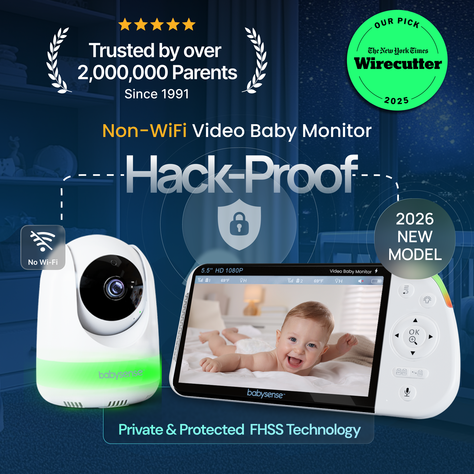 Babysense PRO: Video Baby Monitor with 2 Cameras, Non Wifi, Split Screen, Night Light & Sound Machine