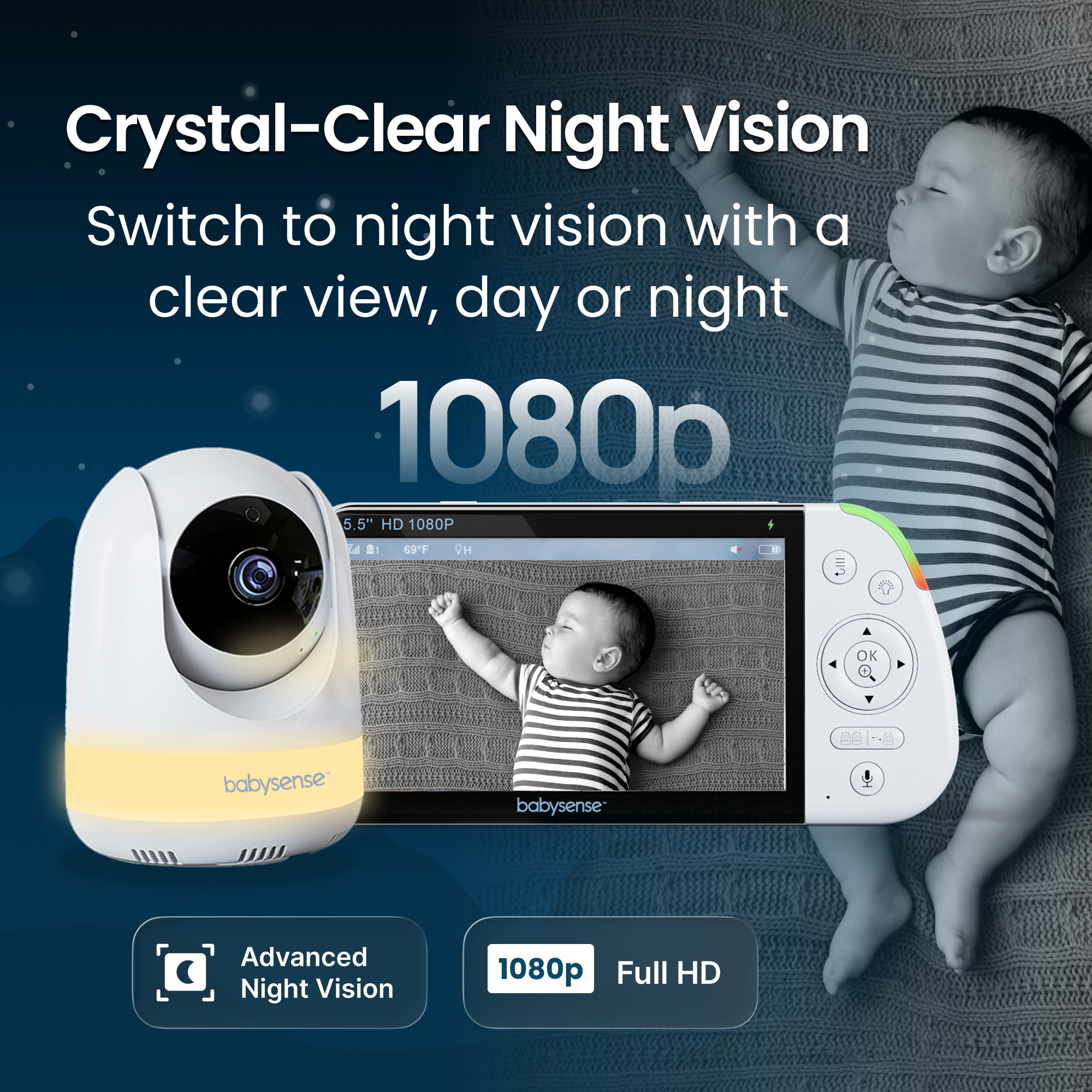 Babysense PRO: Video Baby Monitor with 1 Camera, Non Wifi, Split Screen, Night Light & Sound Machine