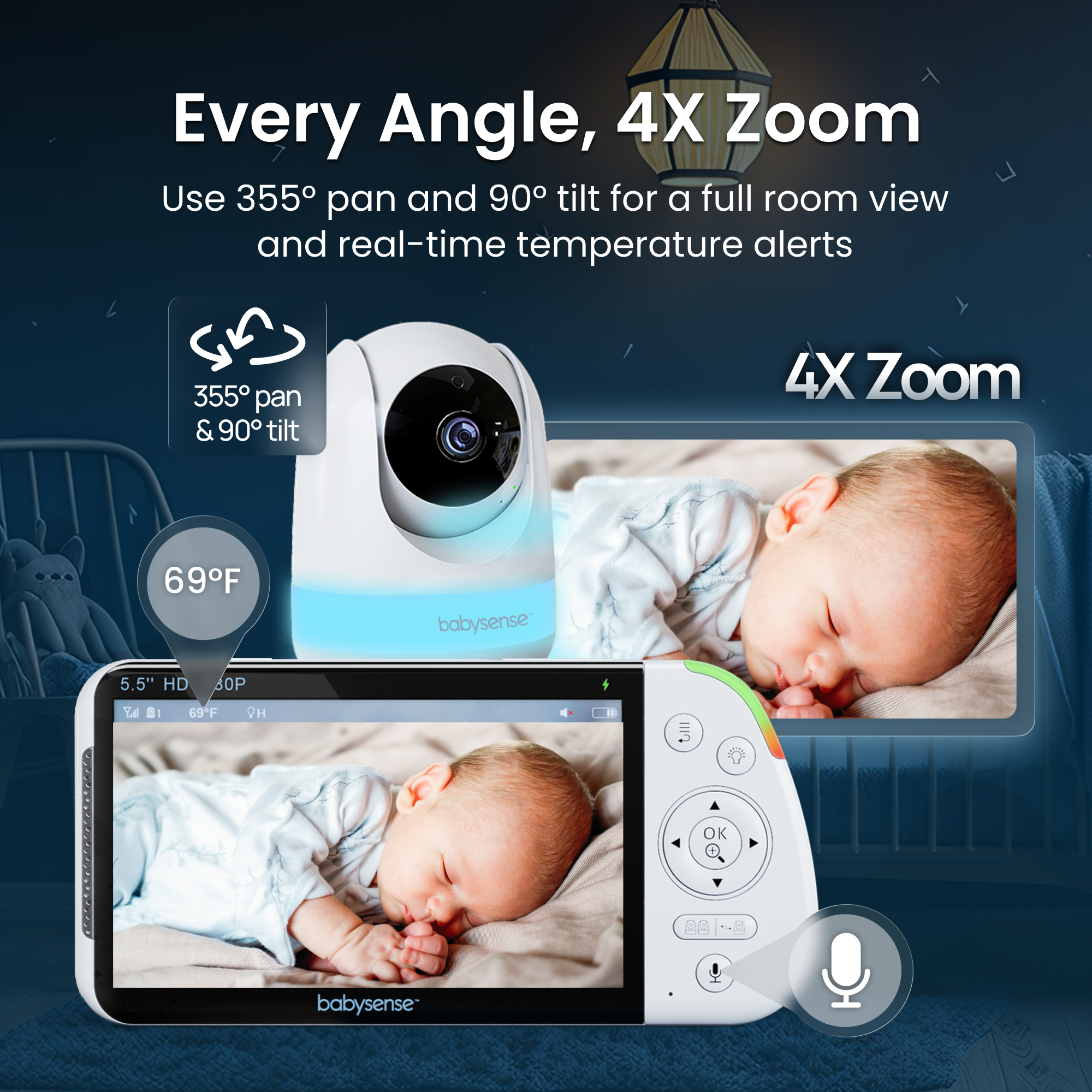 Babysense PRO: Video Baby Monitor with 1 Camera, Non Wifi, Split Screen, Night Light & Sound Machine