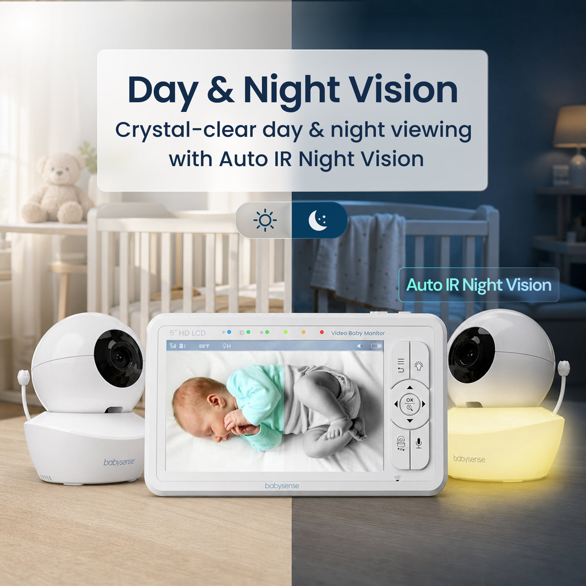 Babysense HDS2: Video Baby Monitor with 2 Cameras, Non wifi, Split Screen & Night Light Machine