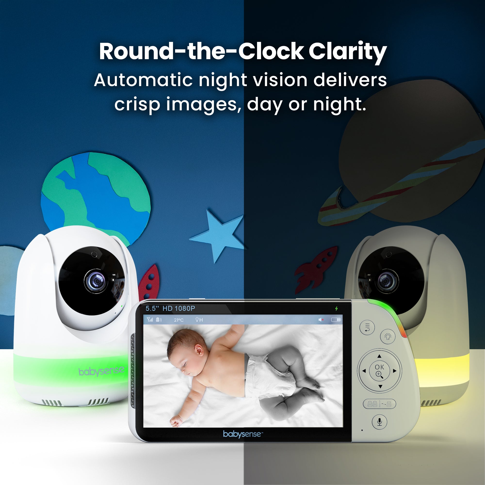 Babysense MaxView PRO: Video Baby Monitor with 2 cameras, Non Wifi, Split Screen, Night Light & Sound Machine