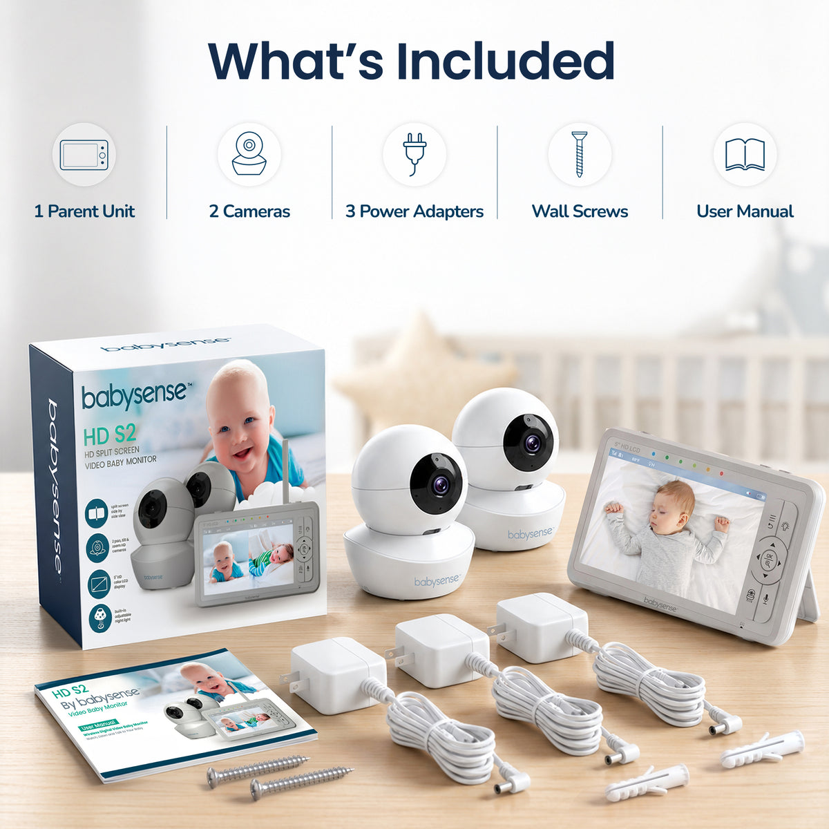 Babysense HDS2: Video Baby Monitor with 2 Cameras, Non wifi, Split Screen & Night Light Machine