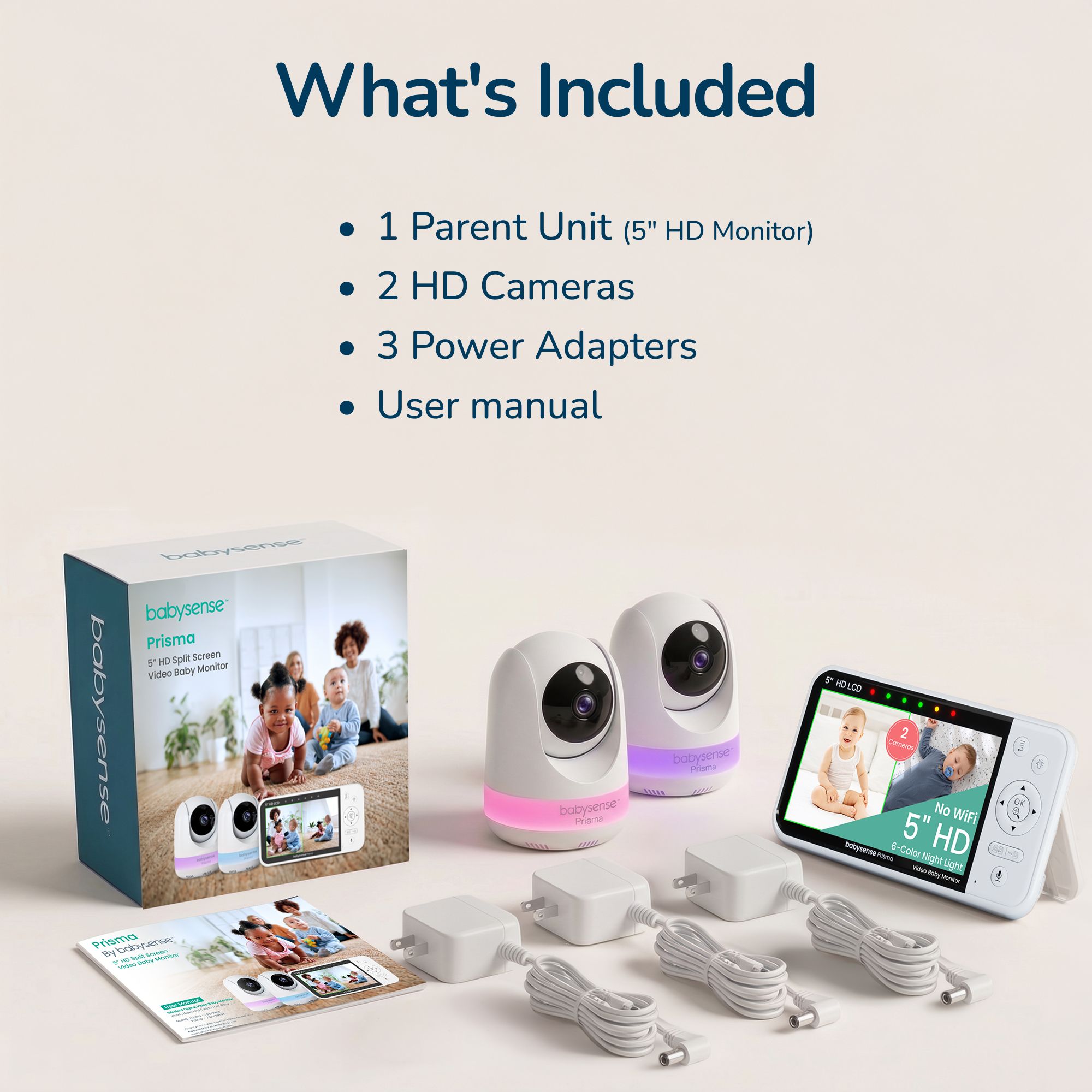 Babysense Prisma: Video Baby Monitor with 2 Cameras, Non Wifi, Split Screen, Night Light & Sound Machine