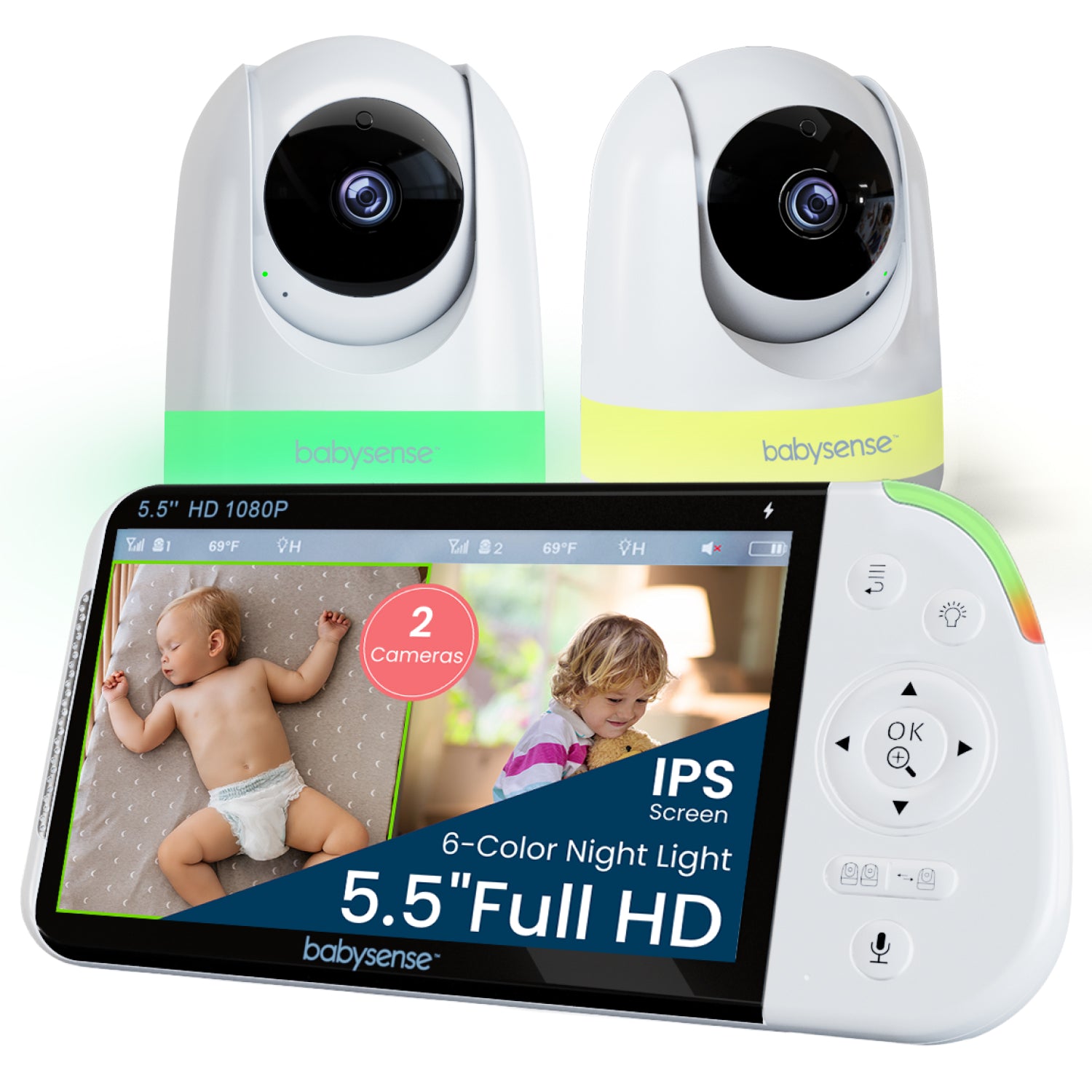 Babysense MaxView PRO: Video Baby Monitor with 2 cameras, Non Wifi, Split Screen, Night Light & Sound Machine
