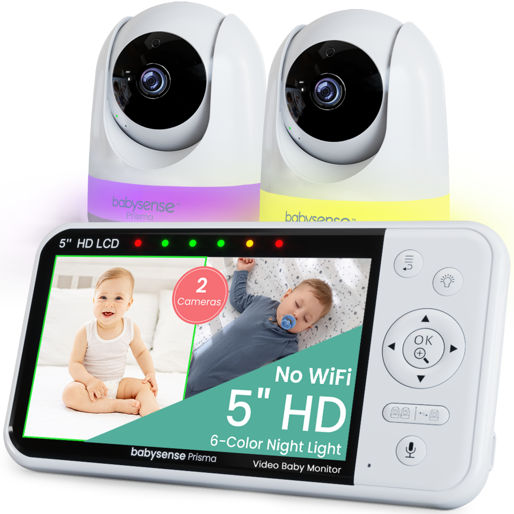 Babysense Prisma: Video Baby Monitor with 2 Cameras, Non Wifi, Split Screen, Night Light & Sound Machine