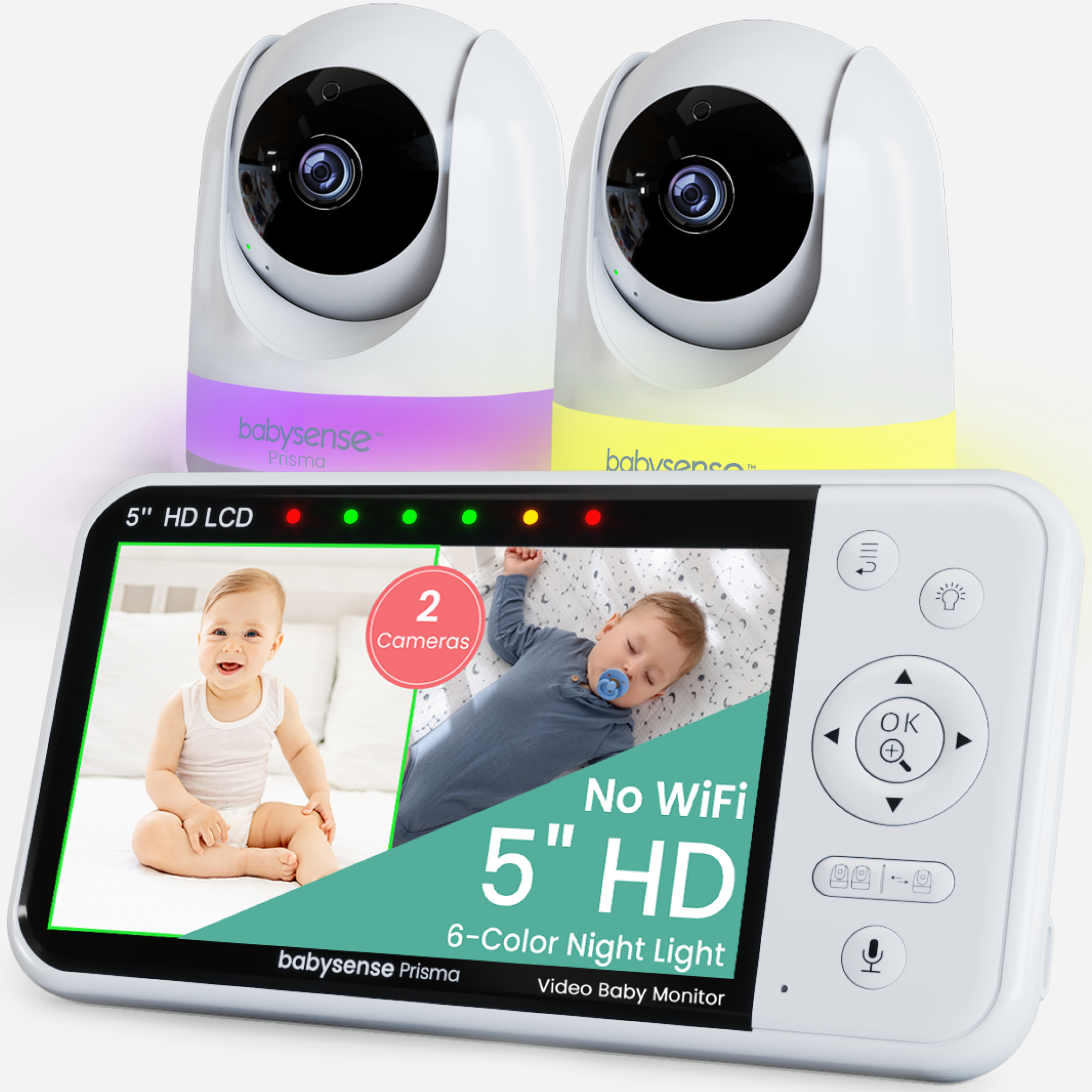 Babysense Prisma: Video Baby Monitor with 2 Cameras, Non Wifi, Split Screen, Night Light & Sound Machine