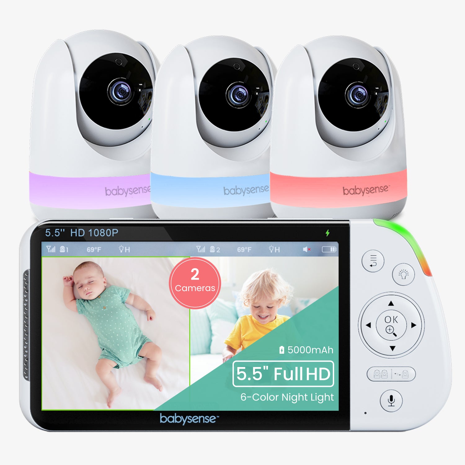 Babysense Max View: Video Baby Monitor with 3 Cameras, Non Wifi, Split Screen, Night Light & Sound Machine